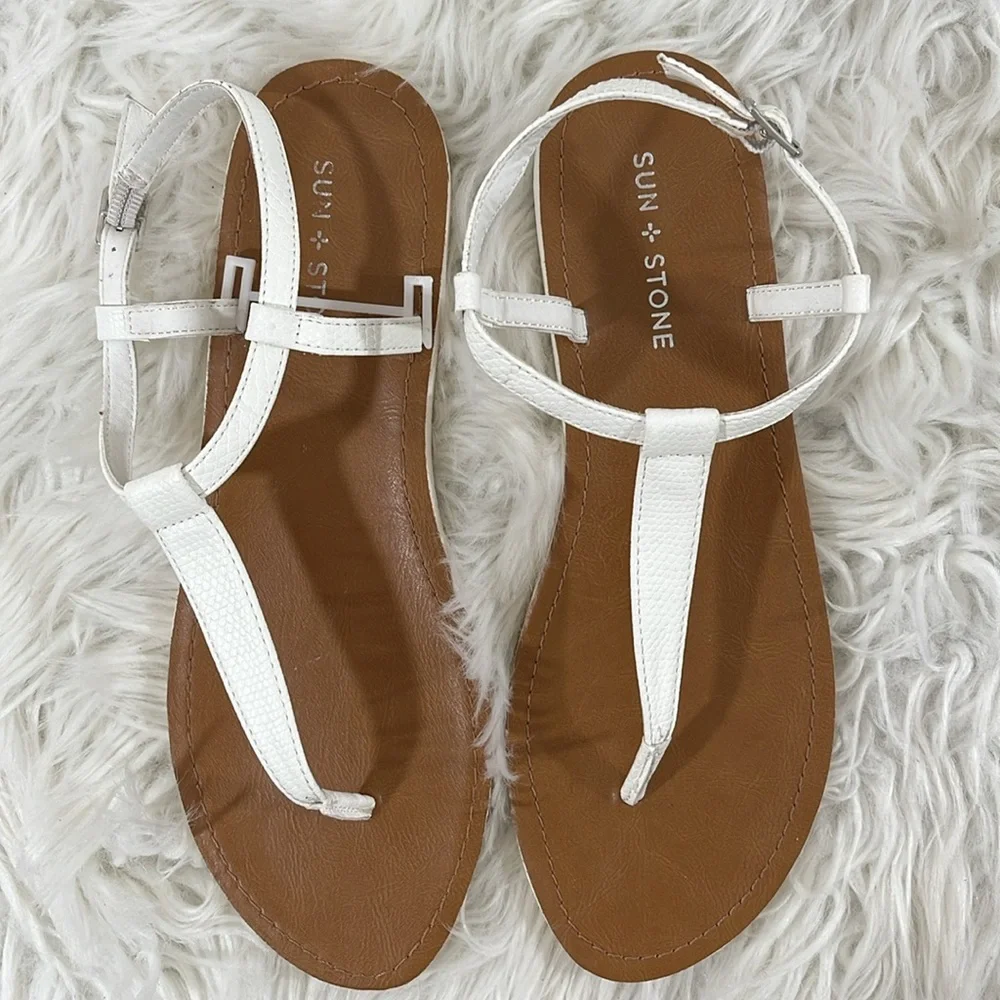 SUN STONE White Cushioned T-Strap Kristi Round Toe Buckle Slingback Sandal Sz 10 - Picture 3 of 9
